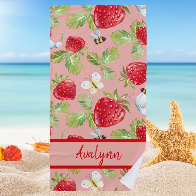 Modern Stylish Trendy Girly Strawberry & Bee Beach Towel (Creator Uploaded)