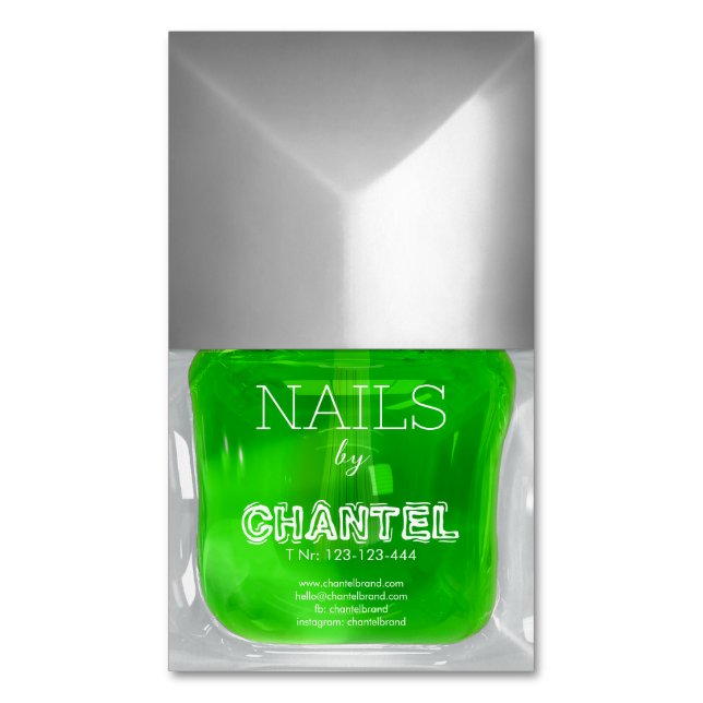 Modern stylish trendy green nail polish chic magnetic business card (Front Vertical)