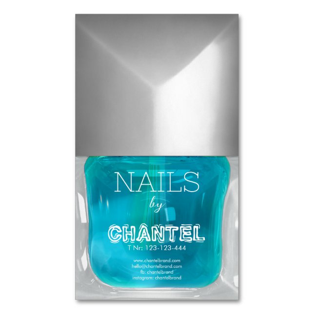 Modern stylish trendy neon blue nail polish chic magnetic business card (Front Vertical)
