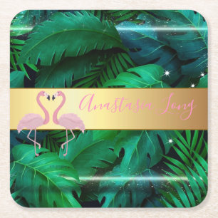 Modern Stylish,Tropical Palm Leaves,Pink Flamingos Square Paper Coaster