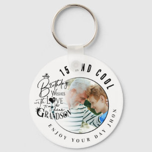 Modern Stylish Typography Grandson Birthday Photo  Key Ring