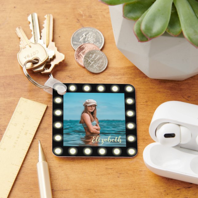 Modern Stylish Unique Black Square Photo Frame Key Ring (Desk)