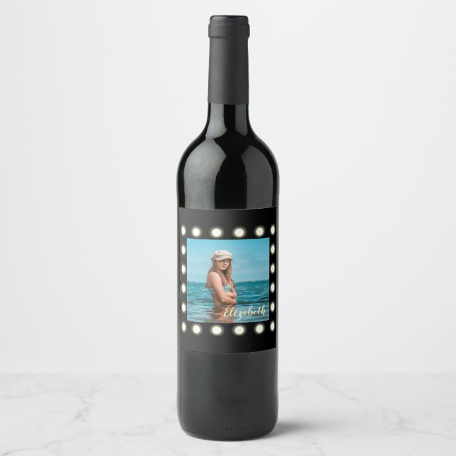 Modern Stylish Unique Black Square Photo Frame Wine Label (Front)