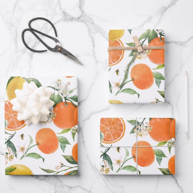 Modern Stylish Watercolor Citrus Pattern Wrapping Paper Sheet (Front)