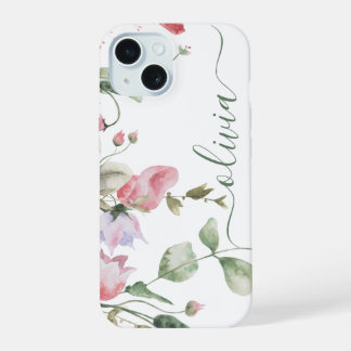 Modern Stylish Watercolor Floral Monogram  iPhone 15 Case