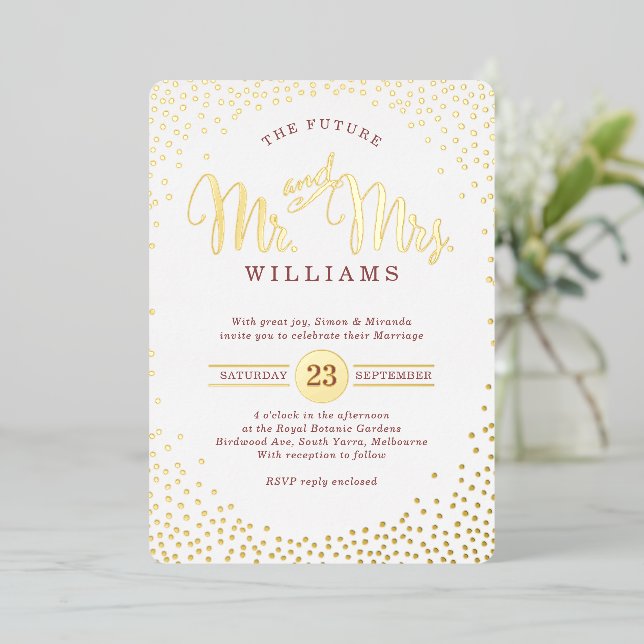 MODERN STYLISH WEDDING confetti marsala gold (Standing Front)