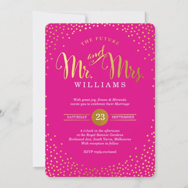 MODERN STYLISH WEDDING mini gold confetti hot pink Invitation (Front)