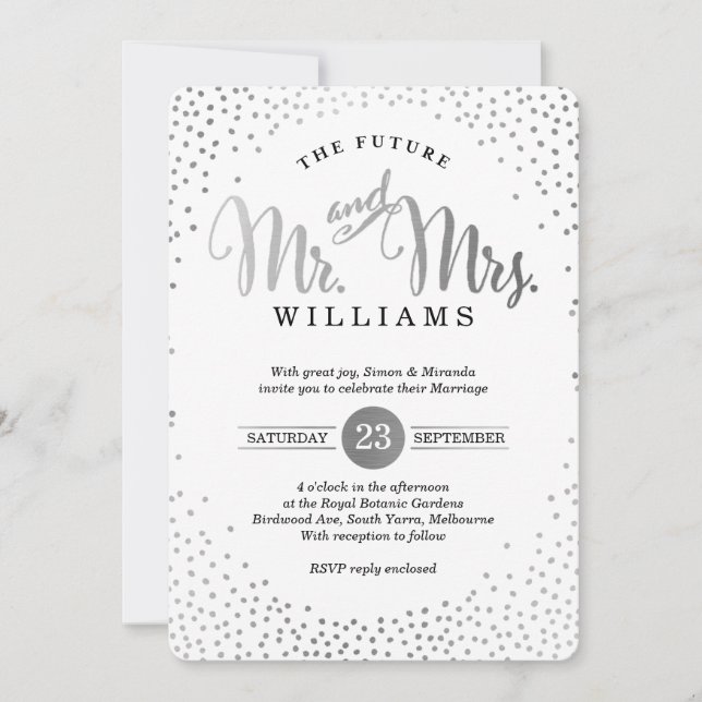 MODERN STYLISH WEDDING mini silver confetti black Invitation (Front)