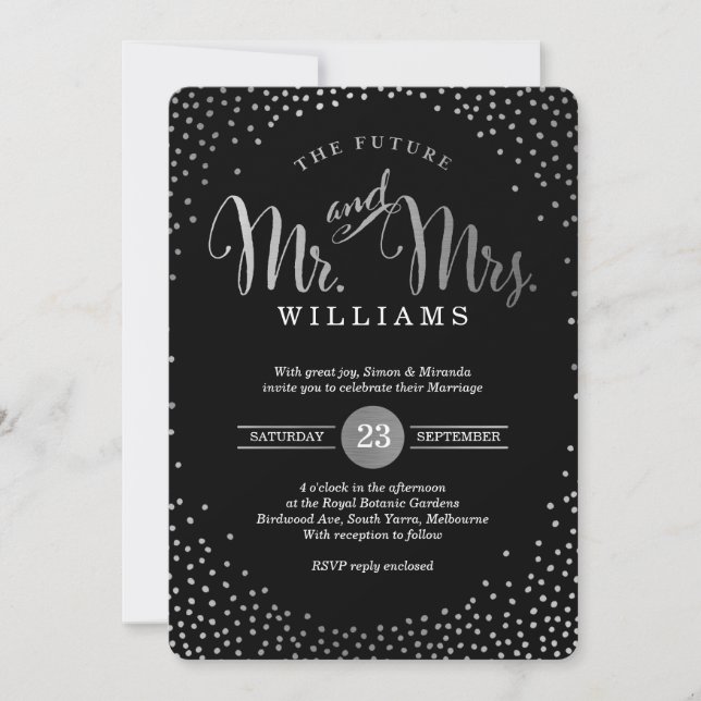 MODERN STYLISH WEDDING mini silver confetti black Invitation (Front)