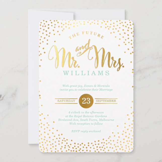 MODERN STYLISH WEDDING mini silver confetti mint Invitation (Front)