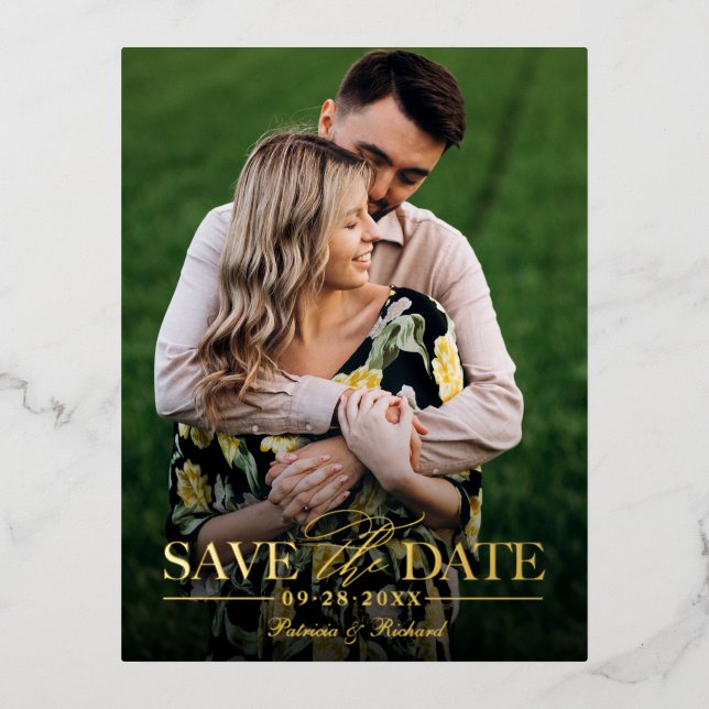 Modern Stylish Wedding Save The Date Photo Foil Holiday Postcard (Front)