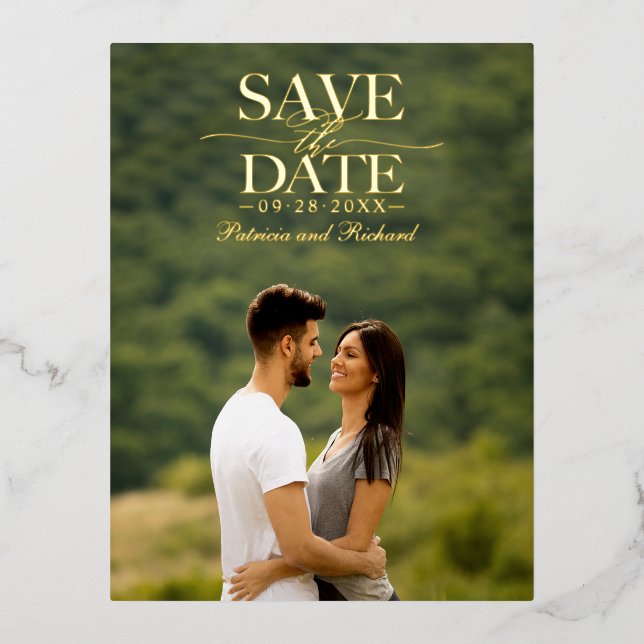 Modern Stylish Wedding Save The Date Photo Foil Holiday Postcard (Front)