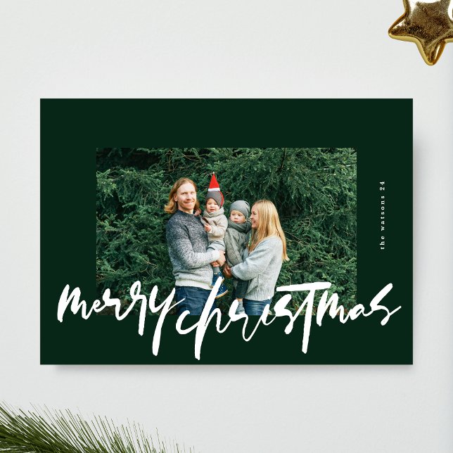 modern stylish white & green photo merry christmas holiday card (Creator Uploaded)