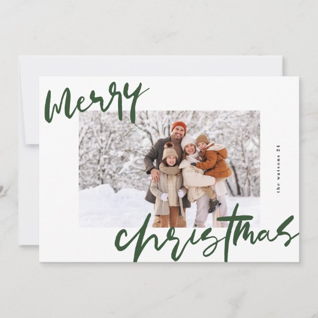 modern stylish white & green photo merry christmas holiday card (Front)