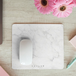 Modern Stylish White & Grey Marble Custom Name Mouse Pad
