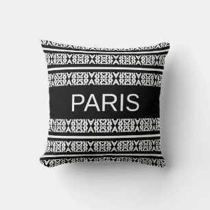 Modern stylish white Paris calligraphy on black Cushion