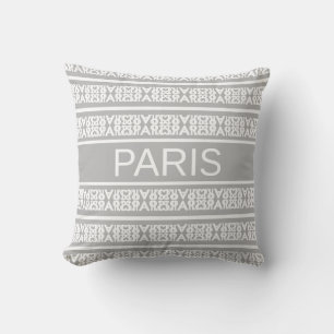 Modern stylish white Paris calligraphy on grey Cushion