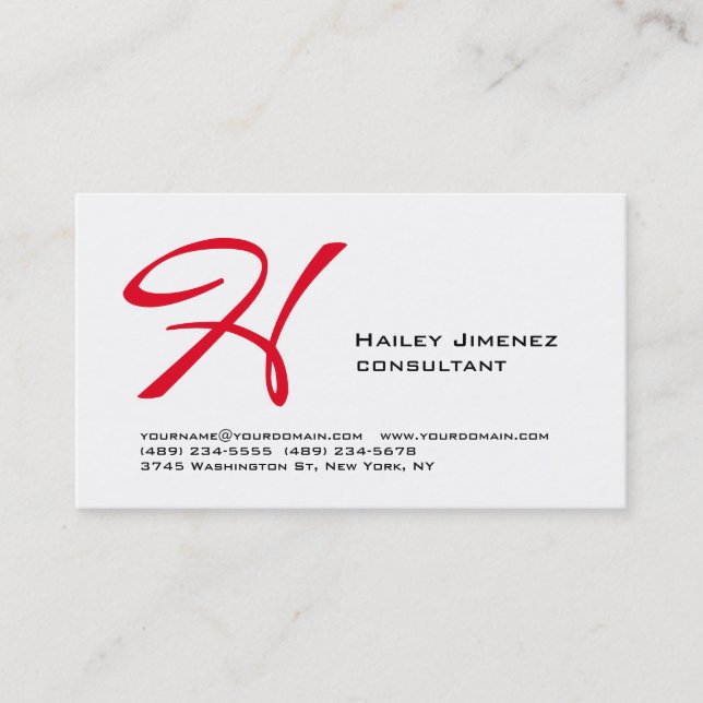 Modern Stylish White Red Monogram Professional Business Card (Front)