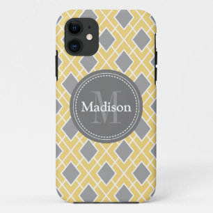 Modern Stylish Yellow Grey Diamond Pattern iPhone 11 Case