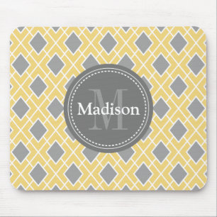 Modern Stylish Yellow Grey Diamond Pattern Mouse Pad