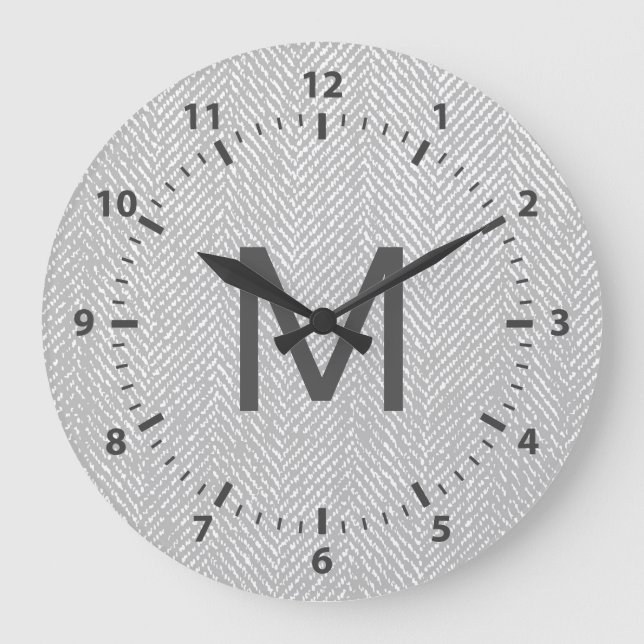 Modern Subtle Grey & White Herringbone Large Clock (Front)