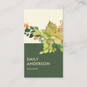 MODERN SUCCULENT CACTUS ORANGE FLORAL WATERCOLOR BUSINESS CARD