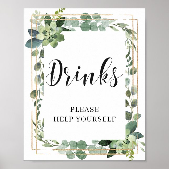 Modern Succulent Greenery Floral Drinks Sign (Front)