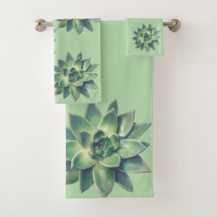 Modern Succulent Plant Leaves on Light Green Bath Towel Set
