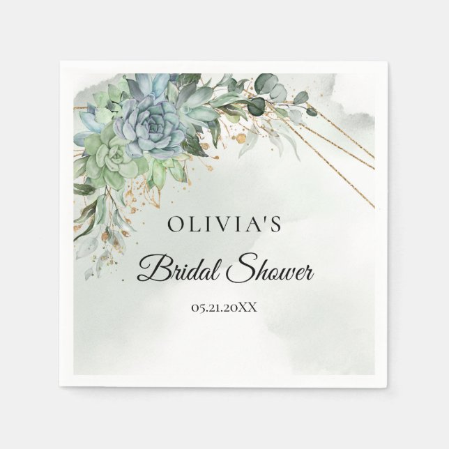 Modern succulents eucalyptus gold bridal shower napkin (Front)