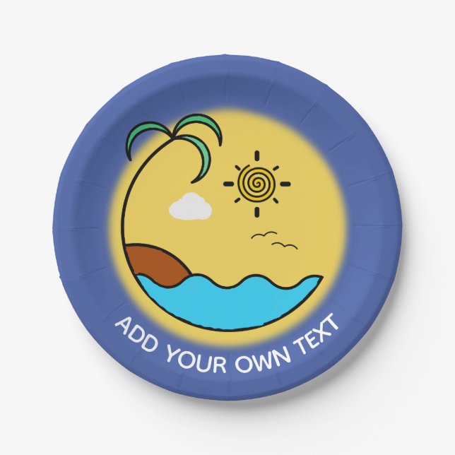 Modern Summer Beach Emblem Art Custom Text Paper Plate (Front)