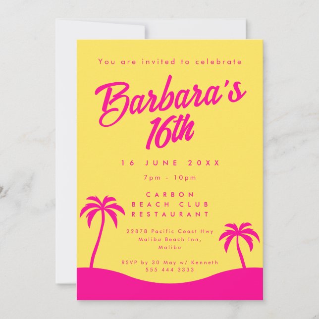 Modern Summer Beach Yellow Pink Sweet 16  Invitation (Front)