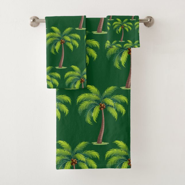 Modern Summer Botanical Palm Trees on Green Bath Towel Set (Insitu)