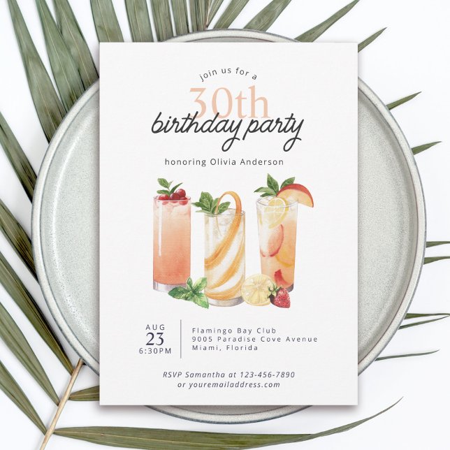 Modern Summer Cocktails 30th Birthday Party Invitation (Available in both printed and instant download formats.)