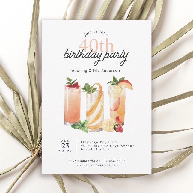 Modern Summer Cocktails 40th Birthday Party Invitation (Available in both printed and instant download formats.)