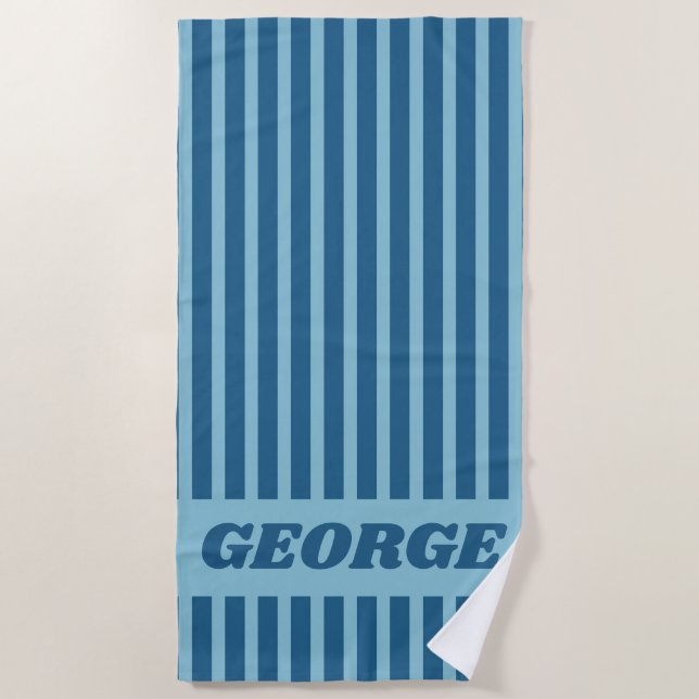 Modern Summer Dark Blue Striped Personalised Beach Towel (Front)