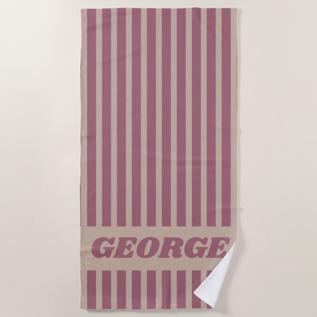 Modern Summer Dark Red Striped Personalised Beach Towel (Front)