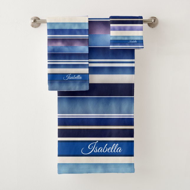 Modern Summer Navy Blue Boat Stripes Collection Bath Towel Set (Insitu)