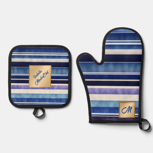 Modern Summer Navy Blue Boat Stripes Collection Oven Mitt & Pot Holder Set (Front)