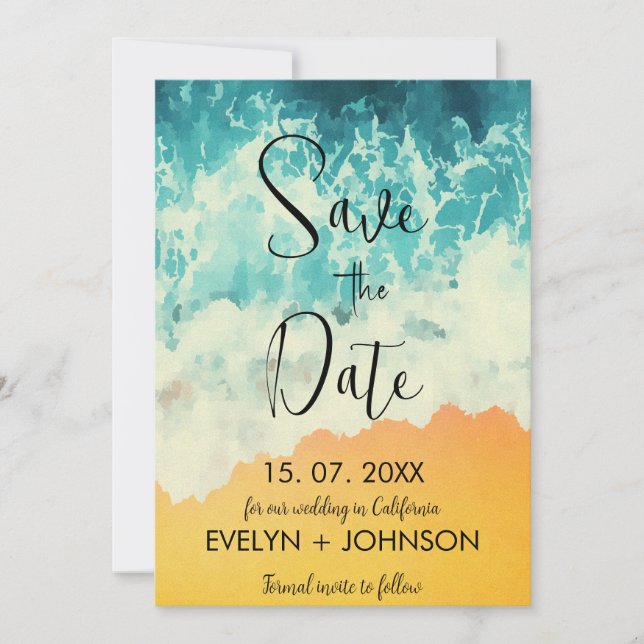 Modern Summer Ocean Beach Wedding Save The Date (Front)