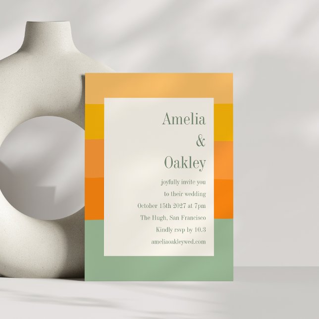 Modern Summer Orange Sage Green Stripe Wedding Invitation (Creator Uploaded)