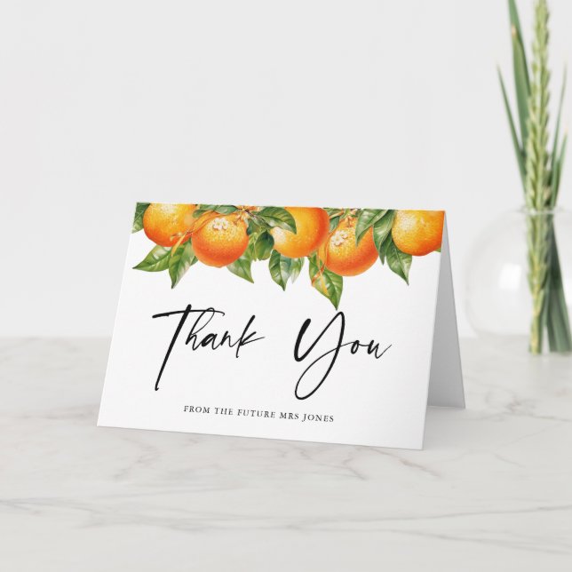 Modern Summer Oranges Citrus Bridal Shower Thank You Card (Front)