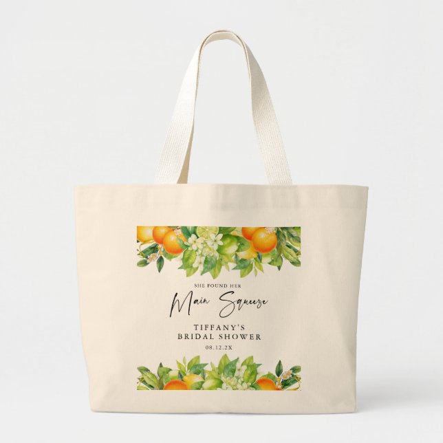 Modern Summer Oranges Lemon Citrus Bridal Shower Large Tote Bag (Front)
