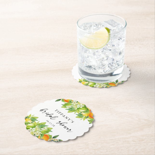 Modern Summer Oranges Lemon Citrus Bridal Shower Paper Coaster (Insitu)