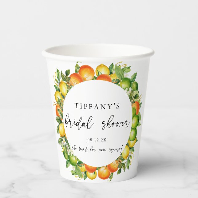 Modern Summer Oranges Lemon Citrus Bridal Shower Paper Cups (Front)