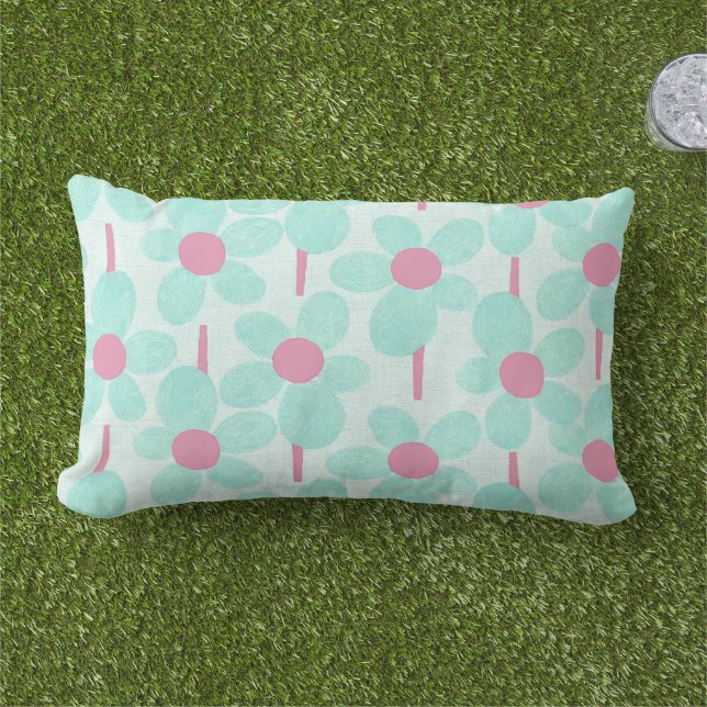 Modern Summer Pastel Floral Outdoor Lumbar Cushion (Grass)