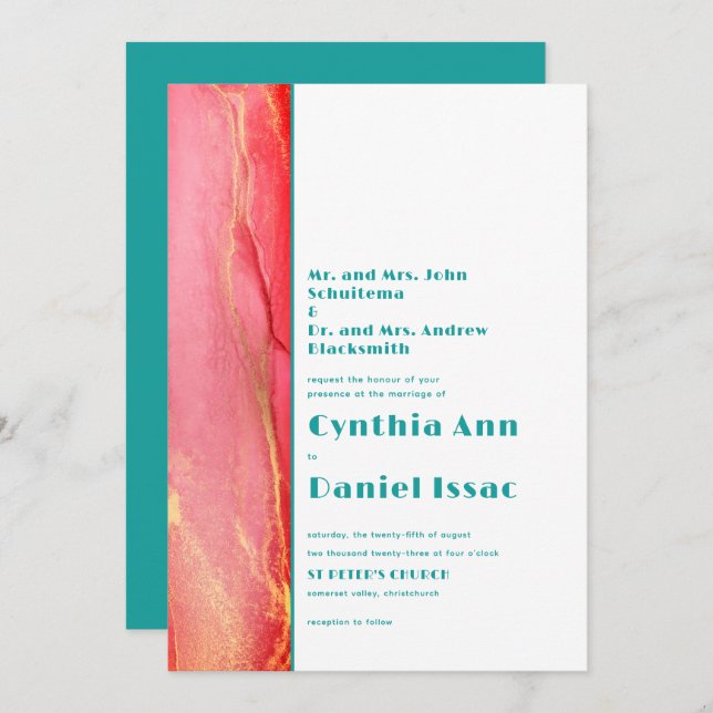 Modern Summer Pink Green Wedding Invitation (Front/Back)
