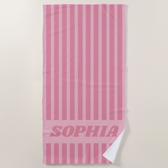 Modern Summer Pink Striped Personalised Beach Towel (Front)