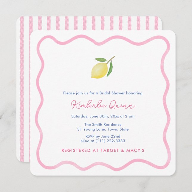 Modern Summer Pink Wavy Border Lemon Bridal Shower Invitation (Front/Back)