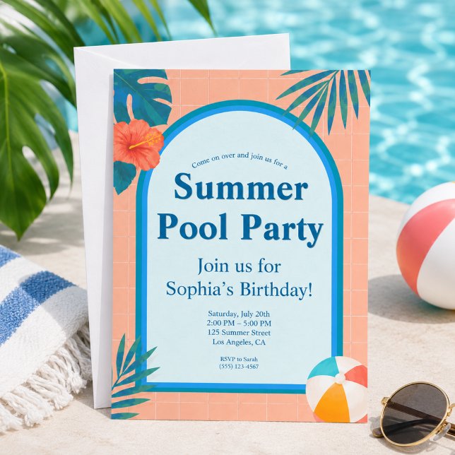 Modern Summer Pool Party Birthday Invitation Peach (Creator Uploaded)