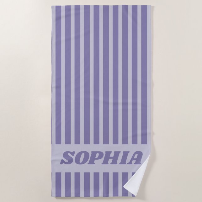 Modern Summer Purple Striped Personalised Beach Towel (Front)